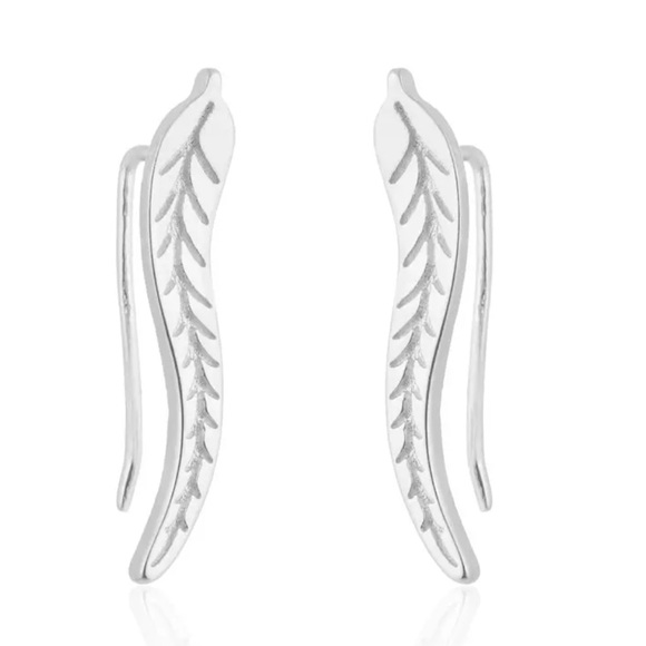 Silver Feather Leaf Earrings - Picture 3 of 4